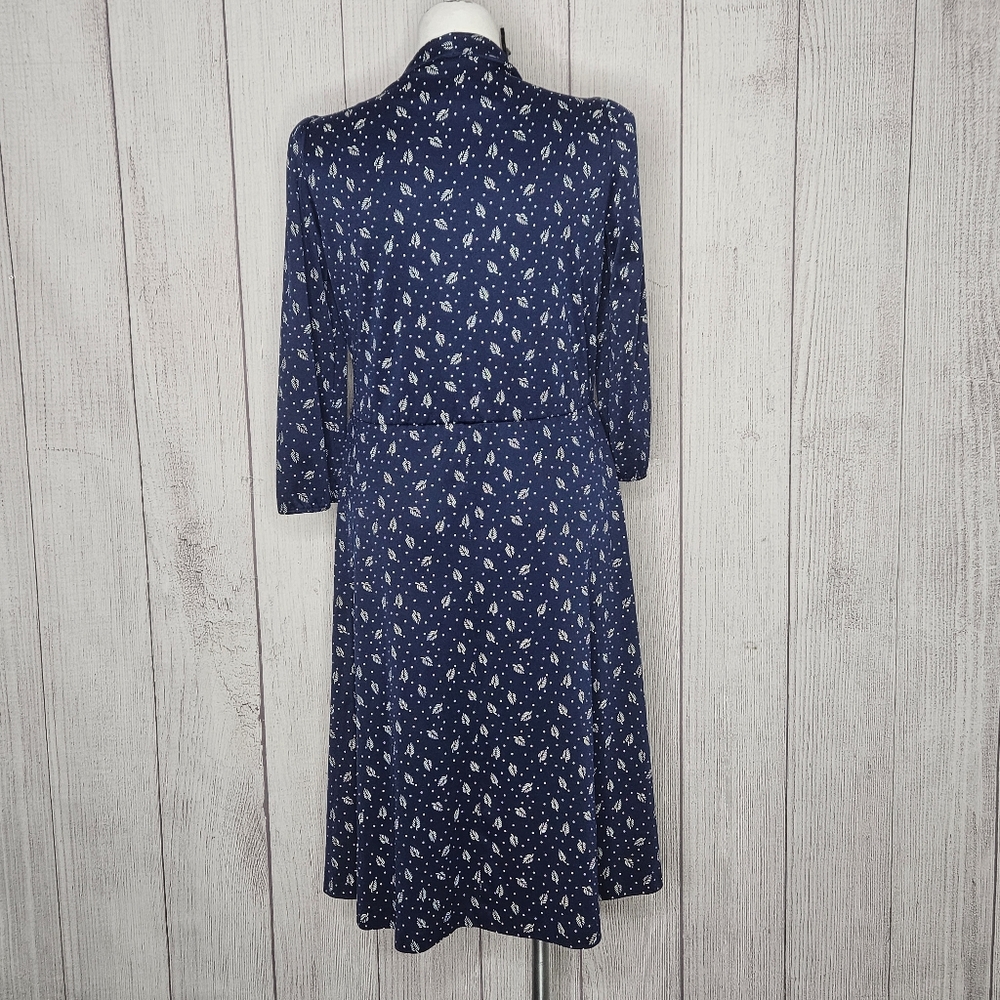 VTG Volup Montgomery Ward Navy Blue Midi Dress With Leaf Print, sz Large/XL - Picture 4 of 8